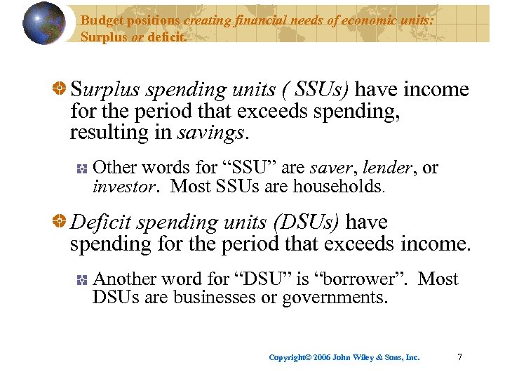 Budget positions creating financial needs of economic units: Surplus or deficit. Surplus spending units