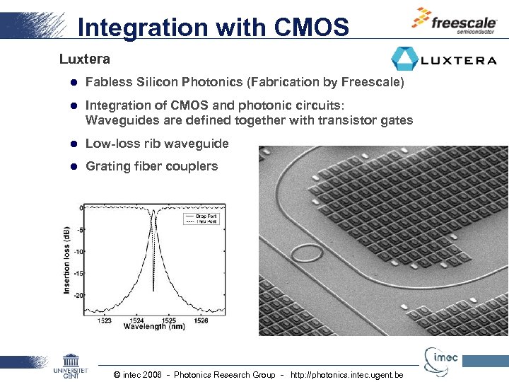 Integration with CMOS Luxtera l Fabless Silicon Photonics (Fabrication by Freescale) l Integration of