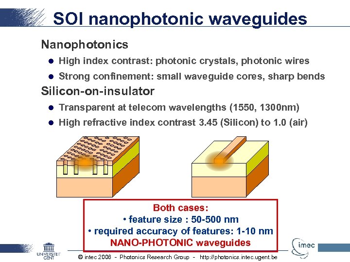 SOI nanophotonic waveguides Nanophotonics l High index contrast: photonic crystals, photonic wires l Strong