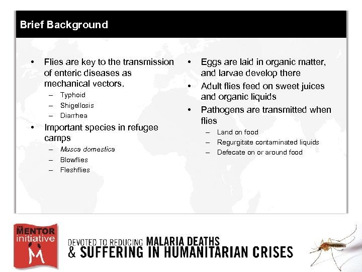 Brief Background • Flies are key to the transmission of enteric diseases as mechanical