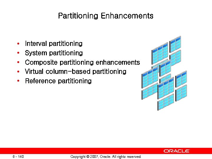 Partitioning Enhancements • • • 6 - 140 Interval partitioning System partitioning Composite partitioning