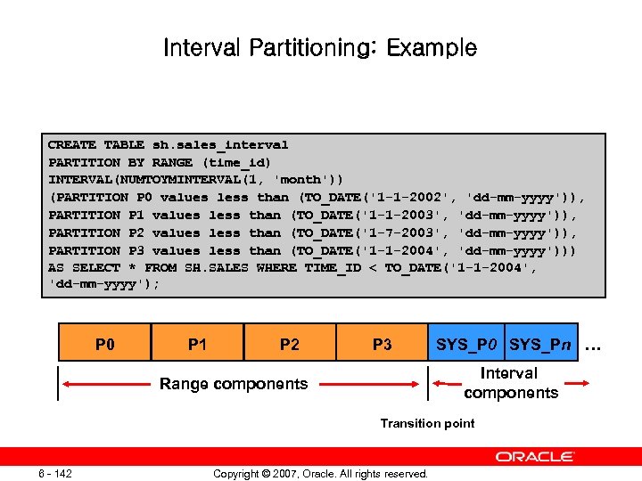 Interval Partitioning: Example CREATE TABLE sh. sales_interval PARTITION BY RANGE (time_id) INTERVAL(NUMTOYMINTERVAL(1, 'month')) (PARTITION