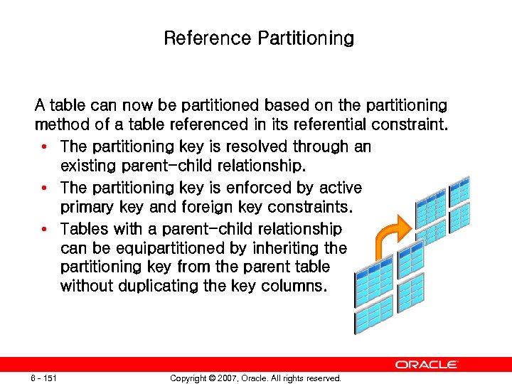 Reference Partitioning A table can now be partitioned based on the partitioning method of