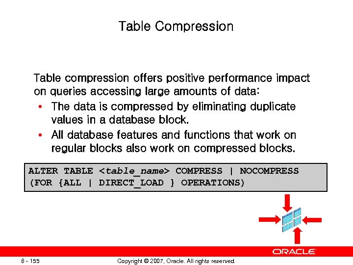 Table Compression Table compression offers positive performance impact on queries accessing large amounts of