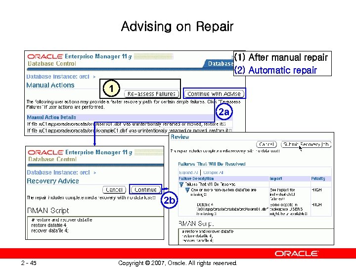 Advising on Repair (1) After manual repair (2) Automatic repair 1 2 a 2