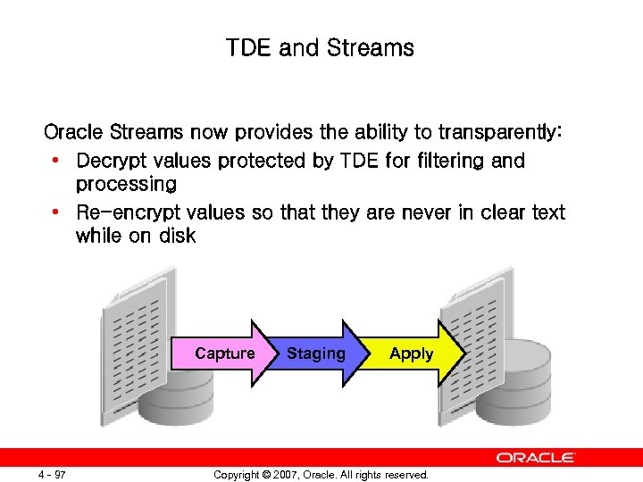 TDE and Streams Oracle Streams now provides the ability to transparently: • Decrypt values