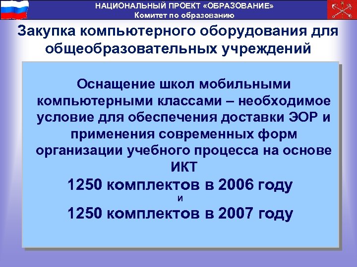 НАЦИОНАЛЬНЫЙ ПРОЕКТ «ОБРАЗОВАНИЕ» Комитет по образованию Закупка компьютерного оборудования для общеобразовательных учреждений Оснащение школ