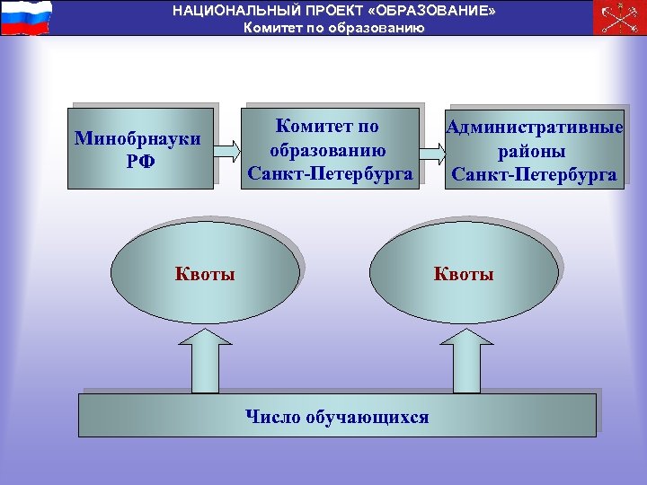 НАЦИОНАЛЬНЫЙ ПРОЕКТ «ОБРАЗОВАНИЕ» Комитет по образованию Минобрнауки РФ Комитет по образованию Санкт-Петербурга Квоты Административные