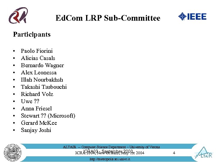 Ed. Com LRP Sub-Committee Participants • • • Paolo Fiorini Alicias Casals Bernardo Wagner