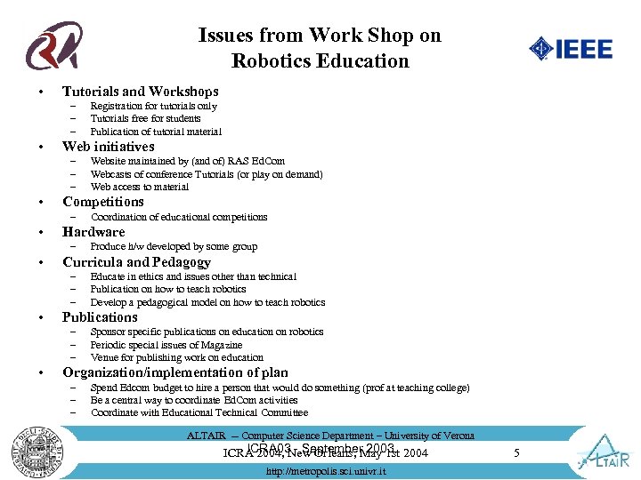Issues from Work Shop on Robotics Education • Tutorials and Workshops – – –