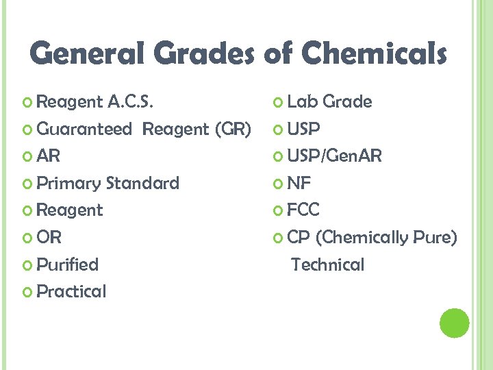 General Grades of Chemicals Reagent A. C. S. Guaranteed Reagent (GR) AR Primary Standard