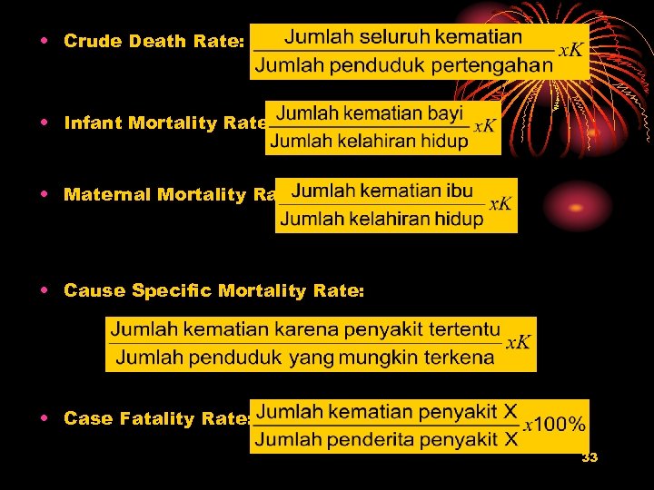  • Crude Death Rate: • Infant Mortality Rate: • Maternal Mortality Rate •