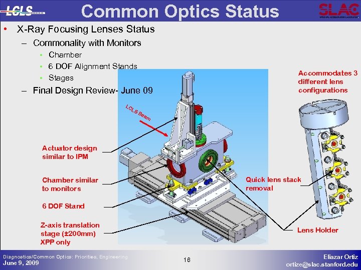 Common Optics Status • X-Ray Focusing Lenses Status – Commonality with Monitors • Chamber