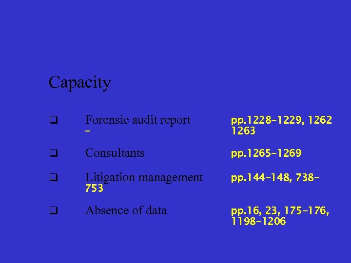 Capacity q Forensic audit report - pp. 1228 -1229, 1262 1263 q Consultants pp.