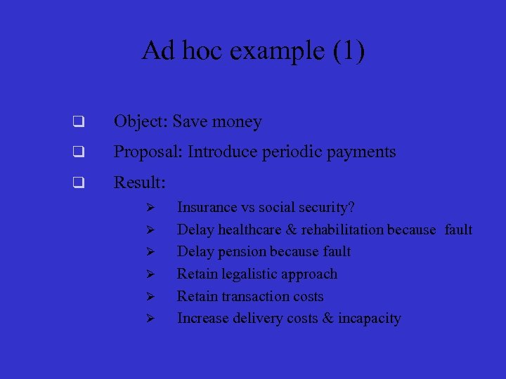 Ad hoc example (1) q Object: Save money q Proposal: Introduce periodic payments q