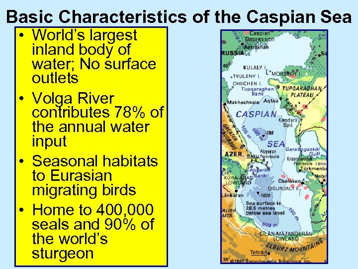 Basic Characteristics of the Caspian Sea • World’s largest inland body of water; No