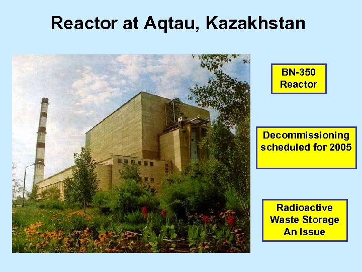 Reactor at Aqtau, Kazakhstan BN-350 Reactor Decommissioning scheduled for 2005 Radioactive Waste Storage An