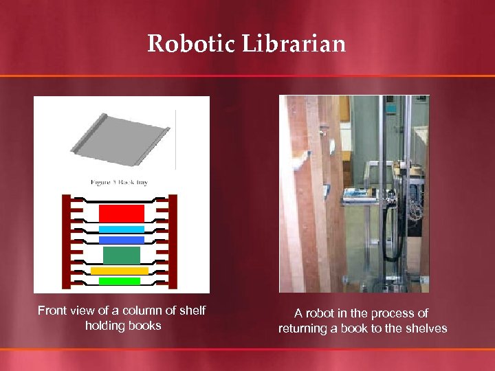 Robotic Librarian Front view of a column of shelf holding books A robot in