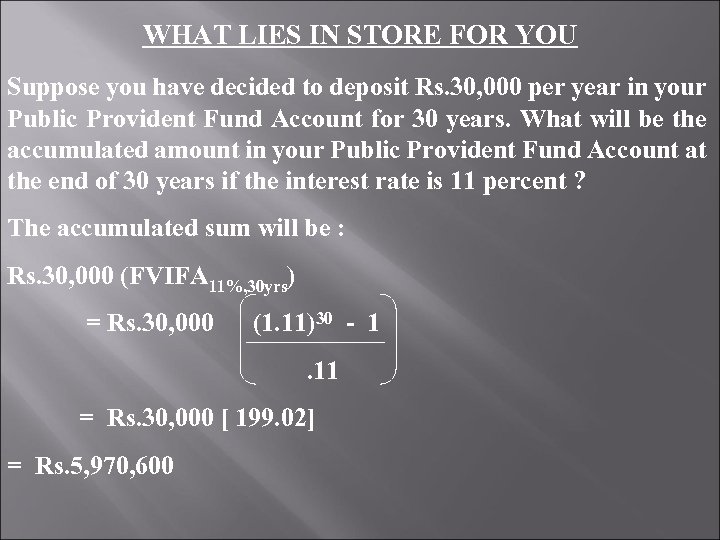 WHAT LIES IN STORE FOR YOU Suppose you have decided to deposit Rs. 30,