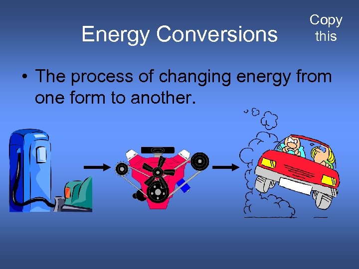 Energy Conversions Copy this • The process of changing energy from one form to