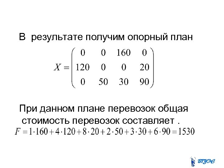  В результате получим опорный план При данном плане перевозок общая стоимость перевозок составляет.