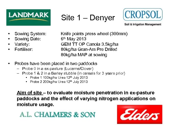 Site 1 – Denyer • • Sowing System: Sowing Date: Variety: Fertiliser: • Probes