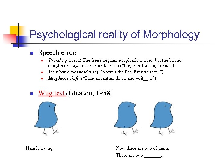 Psychological reality of Morphology n Speech errors n n Stranding errors: The free morpheme