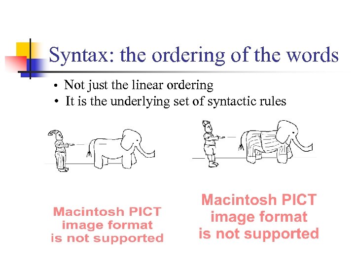 Syntax: the ordering of the words • Not just the linear ordering • It