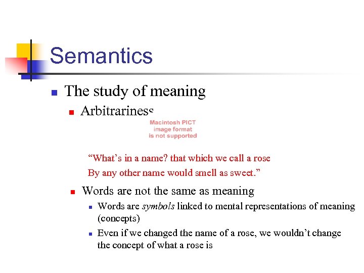 Semantics n The study of meaning n Arbitrariness “What’s in a name? that which