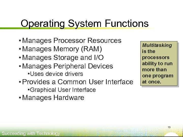 Operating System Functions • Manages Processor Resources • Manages Memory (RAM) • Manages Storage