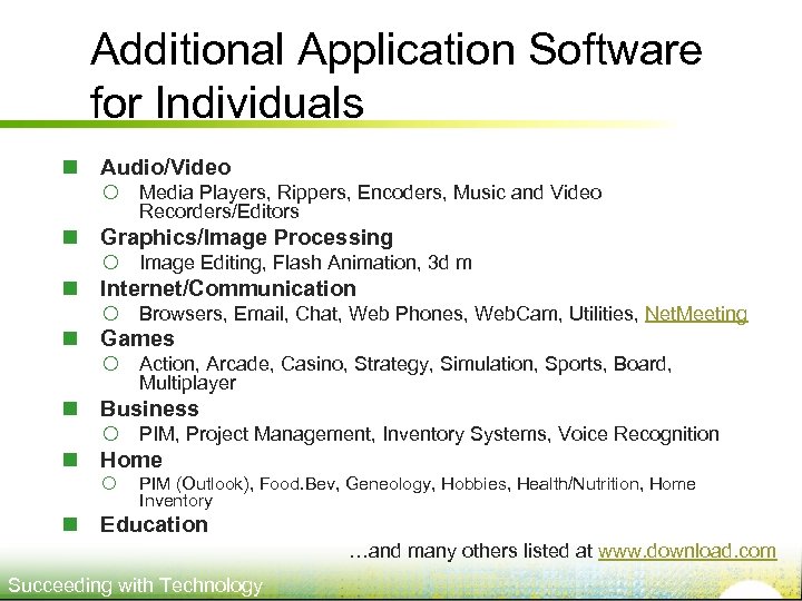 Additional Application Software for Individuals n Audio/Video ¡ Media Players, Rippers, Encoders, Music and