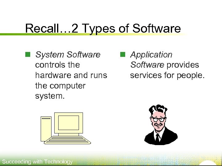 Recall… 2 Types of Software n System Software controls the hardware and runs the