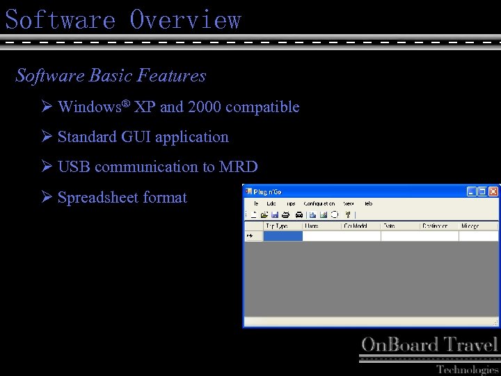 Software Overview Software Basic Features Ø Windows® XP and 2000 compatible Ø Standard GUI