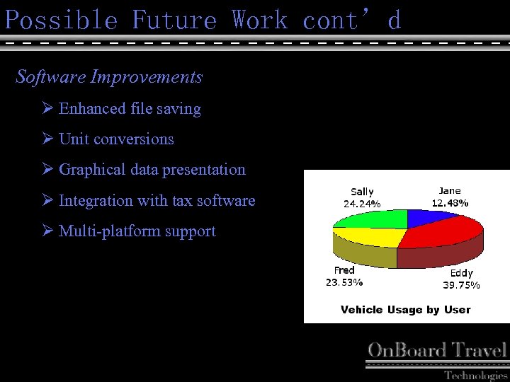 Possible Future Work cont’d Software Improvements Ø Enhanced file saving Ø Unit conversions Ø