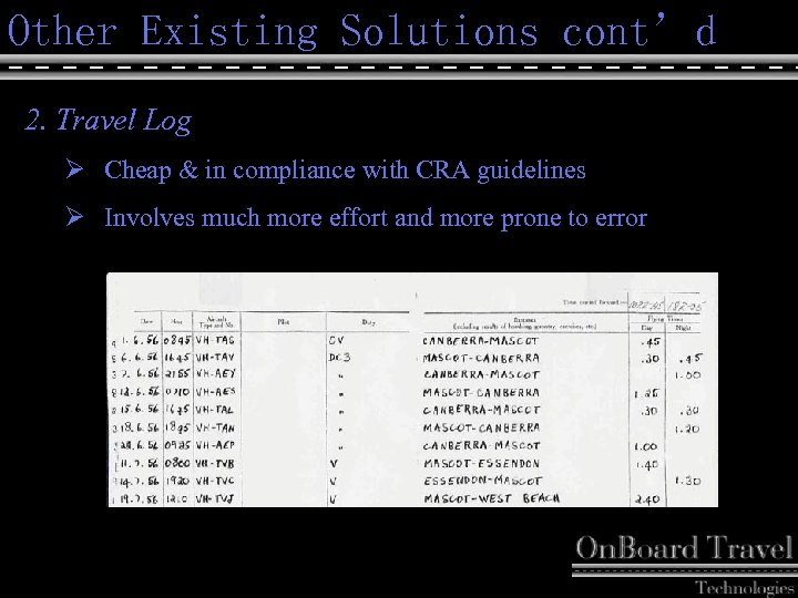 Other Existing Solutions cont’d 2. Travel Log Ø Cheap & in compliance with CRA