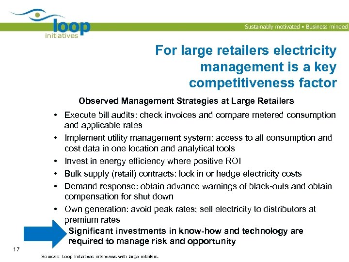 For large retailers electricity management is a key competitiveness factor Observed Management Strategies at