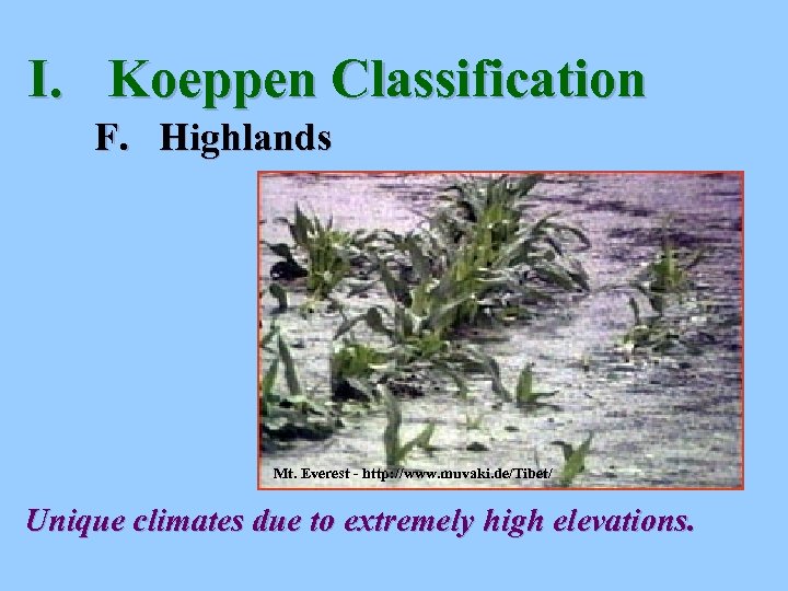 I. Koeppen Classification F. Highlands Mt. Everest - http: //www. muvaki. de/Tibet/ Unique climates