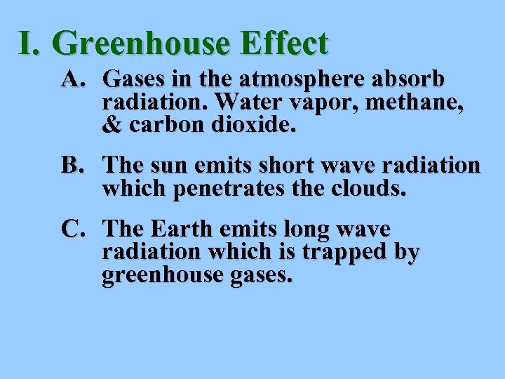 I. Greenhouse Effect A. Gases in the atmosphere absorb radiation. Water vapor, methane, &