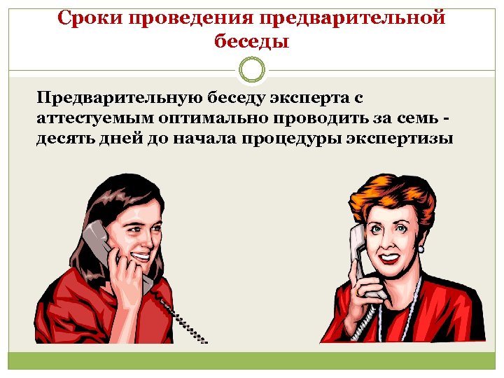 Сроки проведения предварительной беседы Предварительную беседу эксперта с аттестуемым оптимально проводить за семь десять
