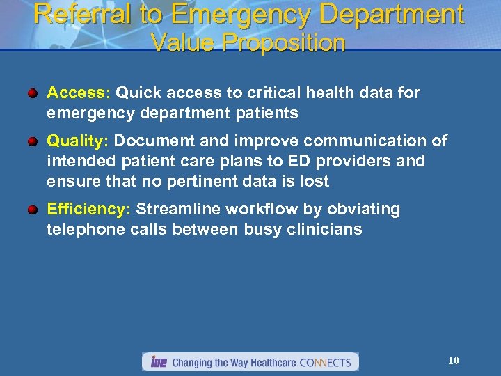 Referral to Emergency Department Value Proposition Access: Quick access to critical health data for