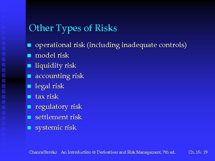 Other Types of Risks n n n n n operational risk (including inadequate controls)