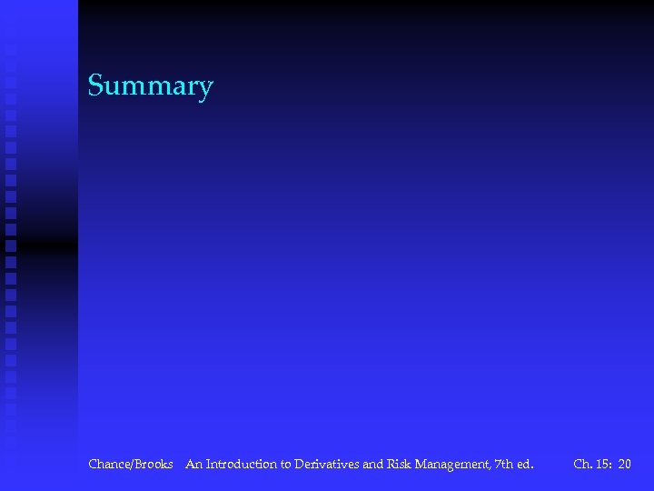 Summary Chance/Brooks An Introduction to Derivatives and Risk Management, 7 th ed. Ch. 15: