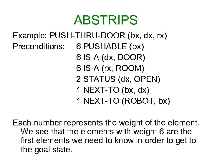 ABSTRIPS Example: PUSH-THRU-DOOR (bx, dx, rx) Preconditions: 6 PUSHABLE (bx) 6 IS-A (dx, DOOR)