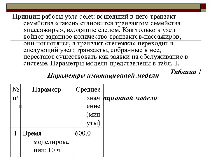 Принцип работы узла delet: вошедший в него транзакт семейства «такси» становится транзактом семейства «пассажиры»