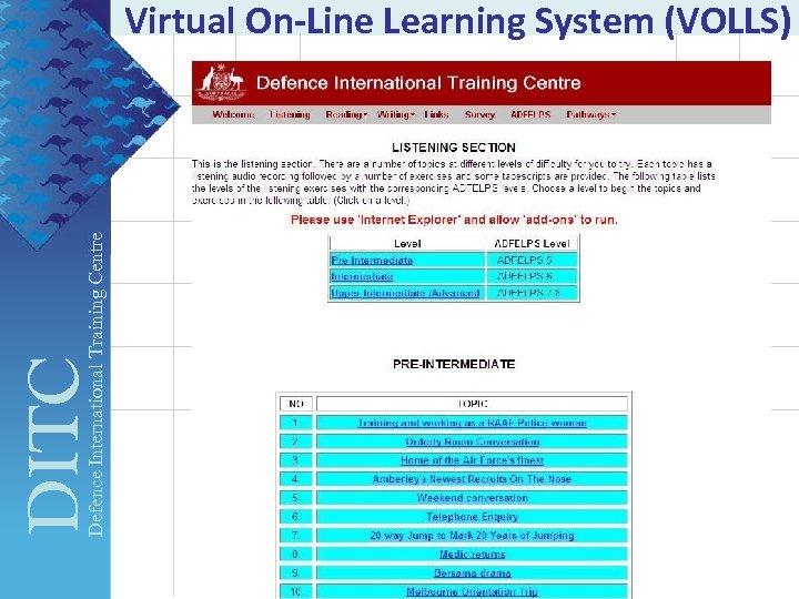 Defence International Training Centre DITC Virtual On-Line Learning System (VOLLS) 