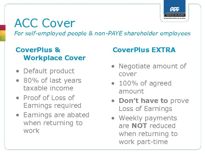 ACC Cover For self-employed people & non-PAYE shareholder employees Cover. Plus & Workplace Cover