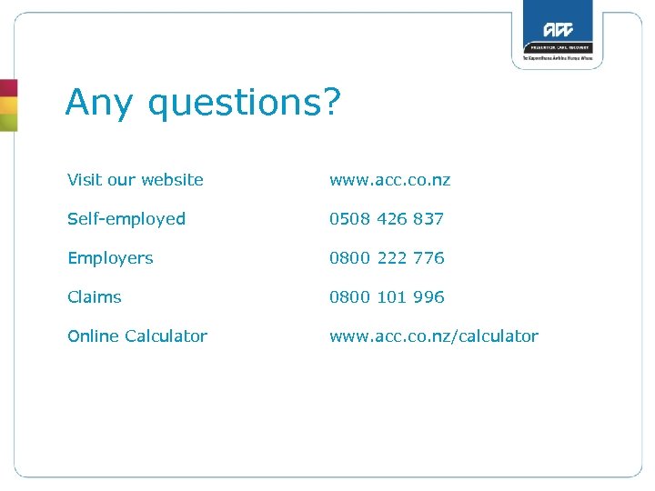 Any questions? Visit our website www. acc. co. nz Self-employed 0508 426 837 Employers