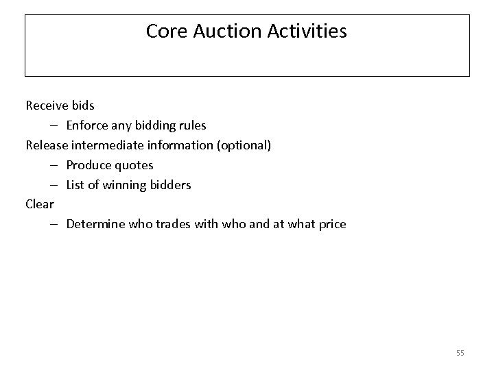 Core Auction Activities Receive bids – Enforce any bidding rules Release intermediate information (optional)