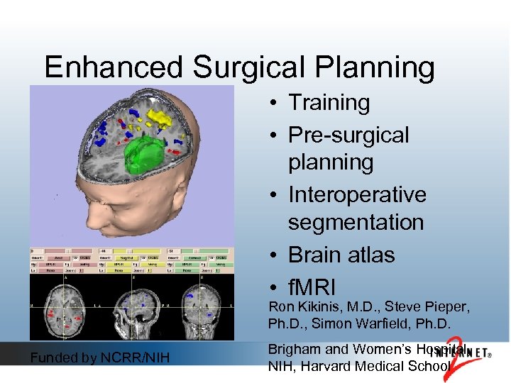 Enhanced Surgical Planning • Training • Pre-surgical planning • Interoperative segmentation • Brain atlas