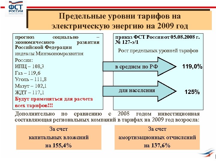 Предельные уровни тарифов на электрическую энергию на 2009 год прогноз социально – экономического развития
